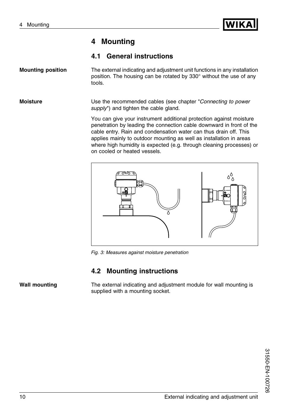 4 mounting, 1 general instructions, 2 mounting instructions | 4mounting | WIKA IPT-11 User Manual | Page 10 / 28