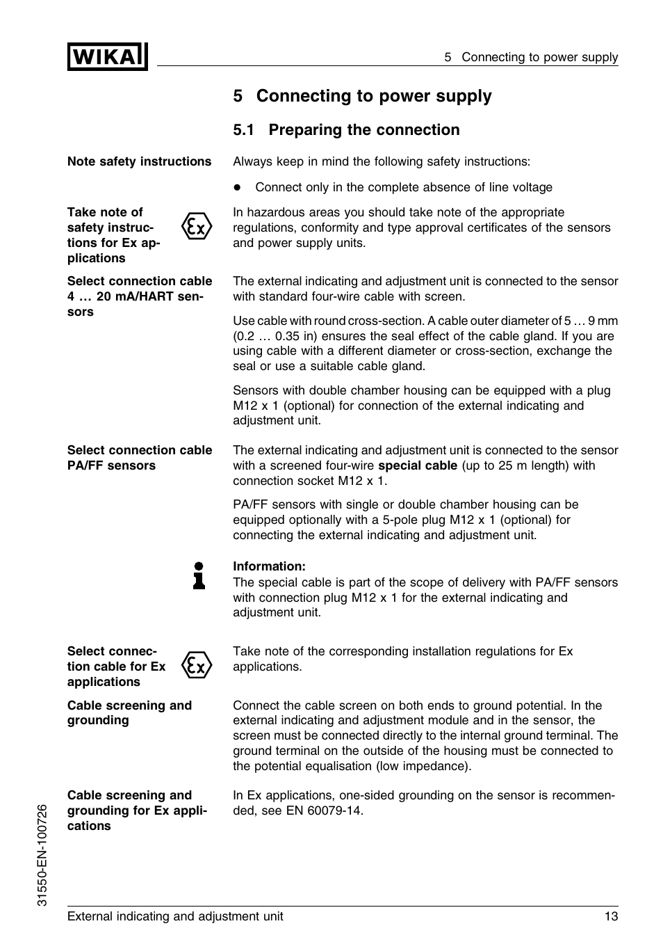 5 connecting to power supply, 1 preparing the connection, 5connecting to power supply | WIKA IPT-11 User Manual | Page 13 / 28