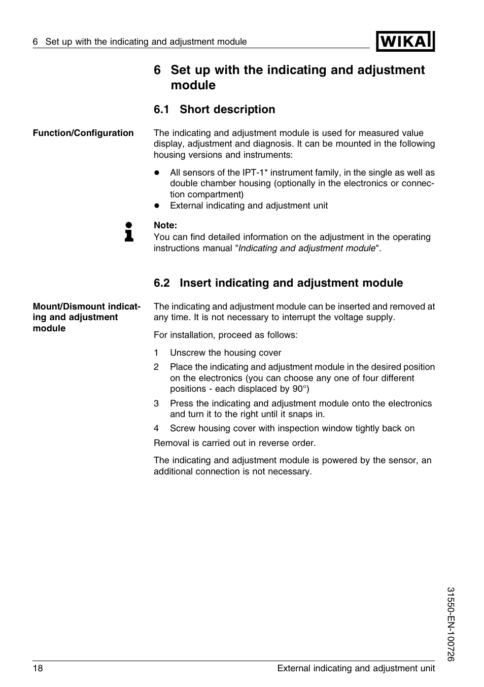 6 set up with the indicating and adjustment module, 1 short description, 2 insert indicating and adjustment module | 6set up with the indicating and adjustment module | WIKA IPT-11 User Manual | Page 18 / 28