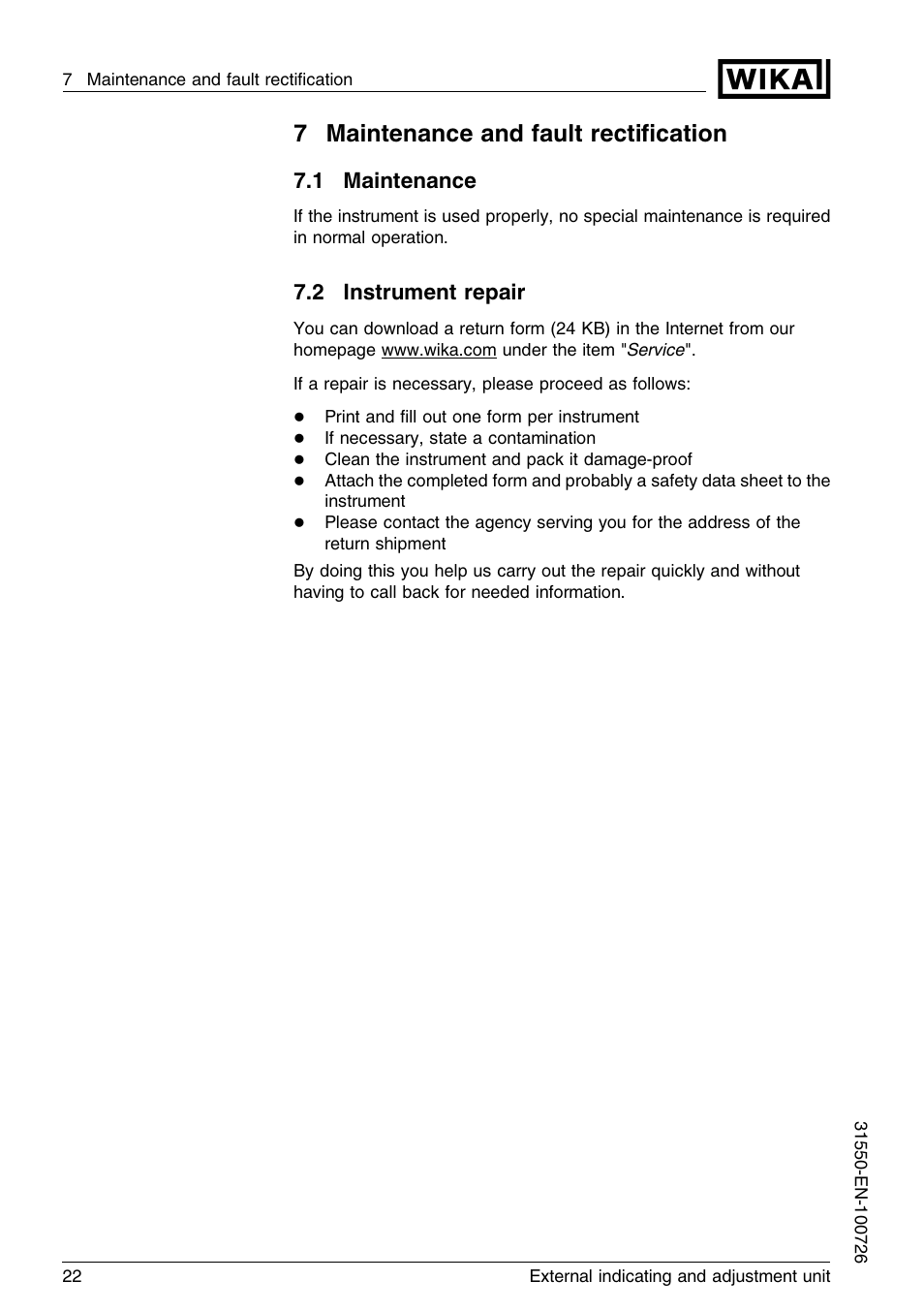 7 maintenance and fault rectification, 1 maintenance, 2 instrument repair | 7maintenance and fault rectiﬁcation | WIKA IPT-11 User Manual | Page 22 / 28