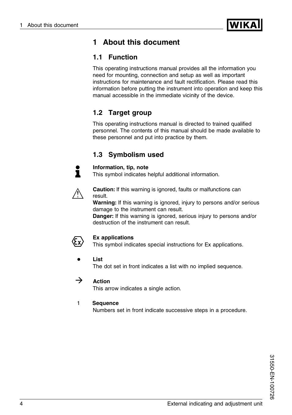 1 about this document, 1 function, 2 target group | 3 symbolism used, 1about this document | WIKA IPT-11 User Manual | Page 4 / 28