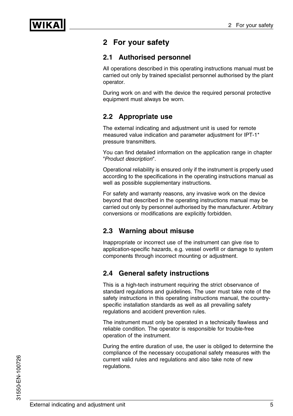 2 for your safety, 1 authorised personnel, 2 appropriate use | 3 warning about misuse, 4 general safety instructions, 2for your safety | WIKA IPT-11 User Manual | Page 5 / 28