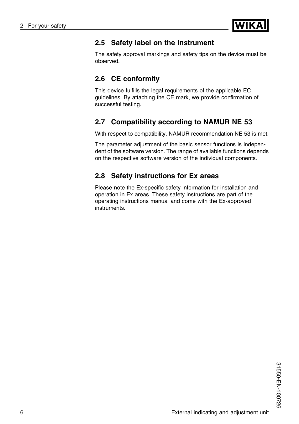 5 safety label on the instrument, 6 ce conformity, 7 compatibility according to namur ne53 | 8 safety instructions for ex areas | WIKA IPT-11 User Manual | Page 6 / 28