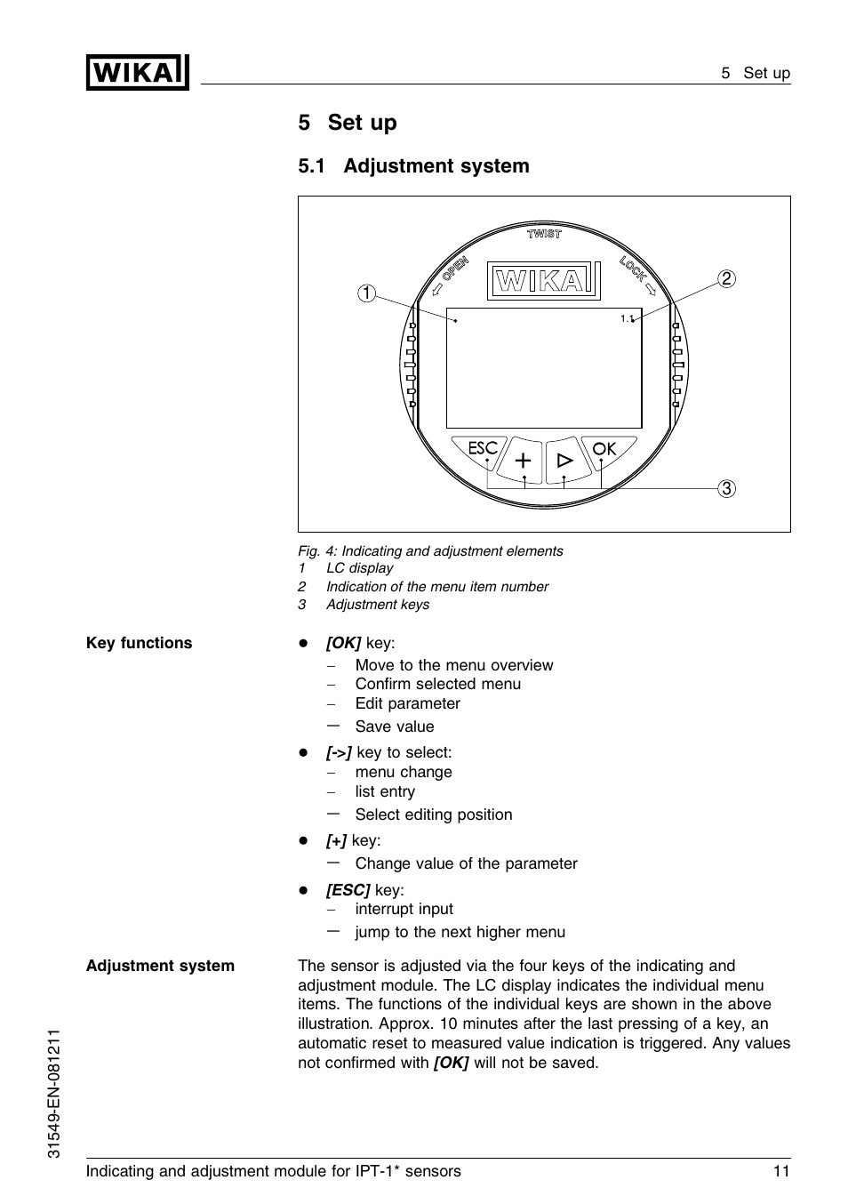 5 set up, 1 adjustment system, 5set up | WIKA IPT-11 User Manual | Page 11 / 36