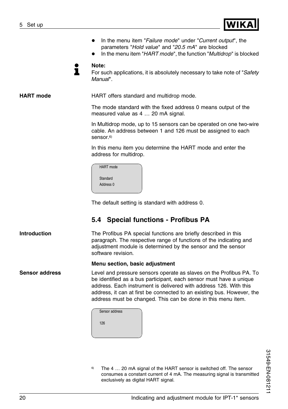 4 special functions – profibus pa, 4 special functions - proﬁbus pa | WIKA IPT-11 User Manual | Page 20 / 36