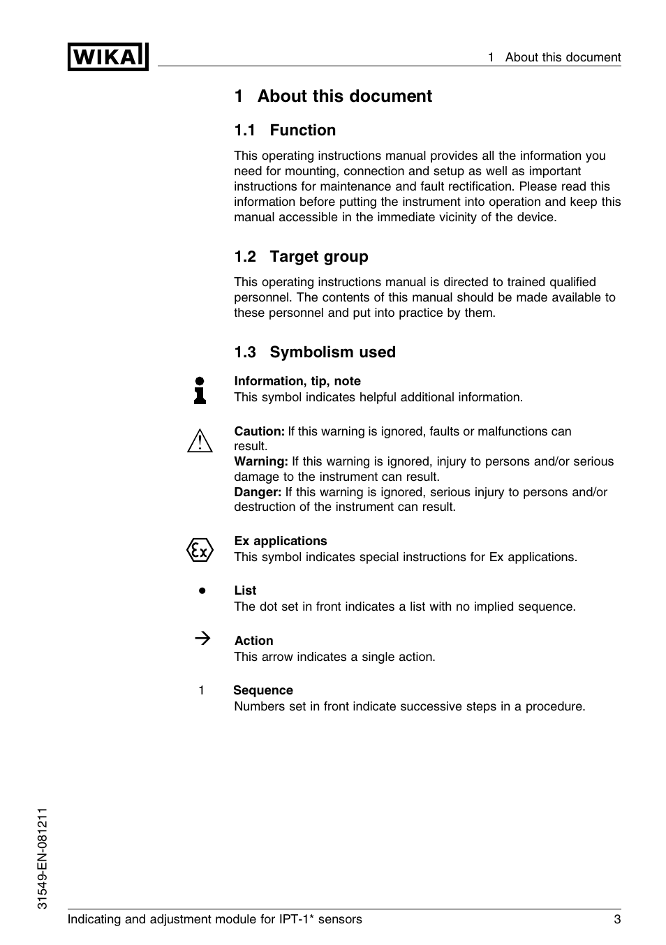 1 about this document, 1 function, 2 target group | 3 symbolism used, 1about this document | WIKA IPT-11 User Manual | Page 3 / 36