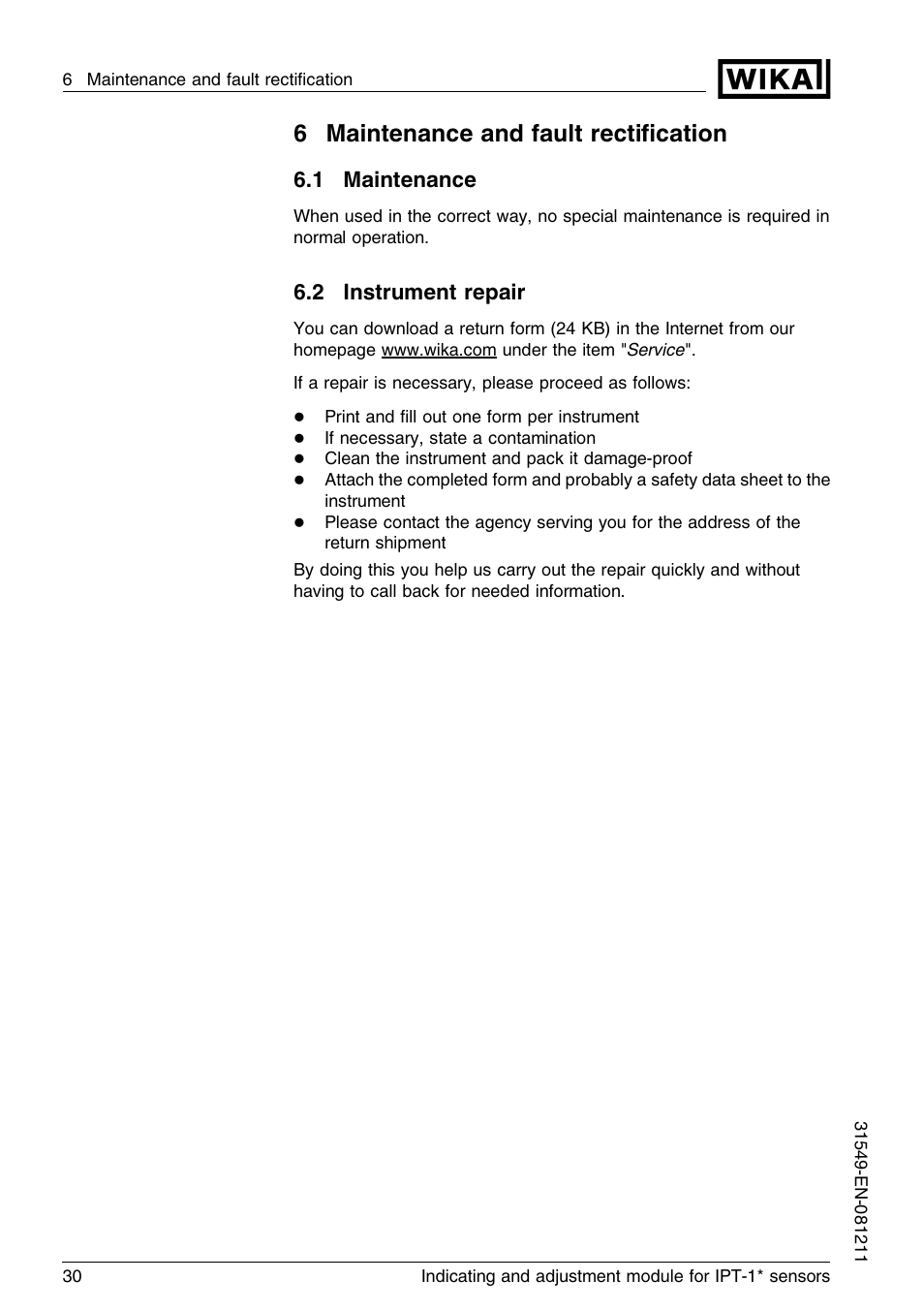 6 maintenance and fault rectification, 1 maintenance, 2 instrument repair | 6maintenance and fault rectiﬁcation | WIKA IPT-11 User Manual | Page 30 / 36