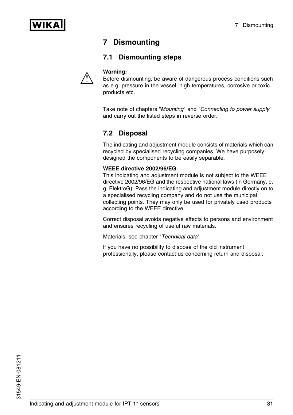 7 dismounting, 1 dismounting steps, 2 disposal | 7dismounting | WIKA IPT-11 User Manual | Page 31 / 36