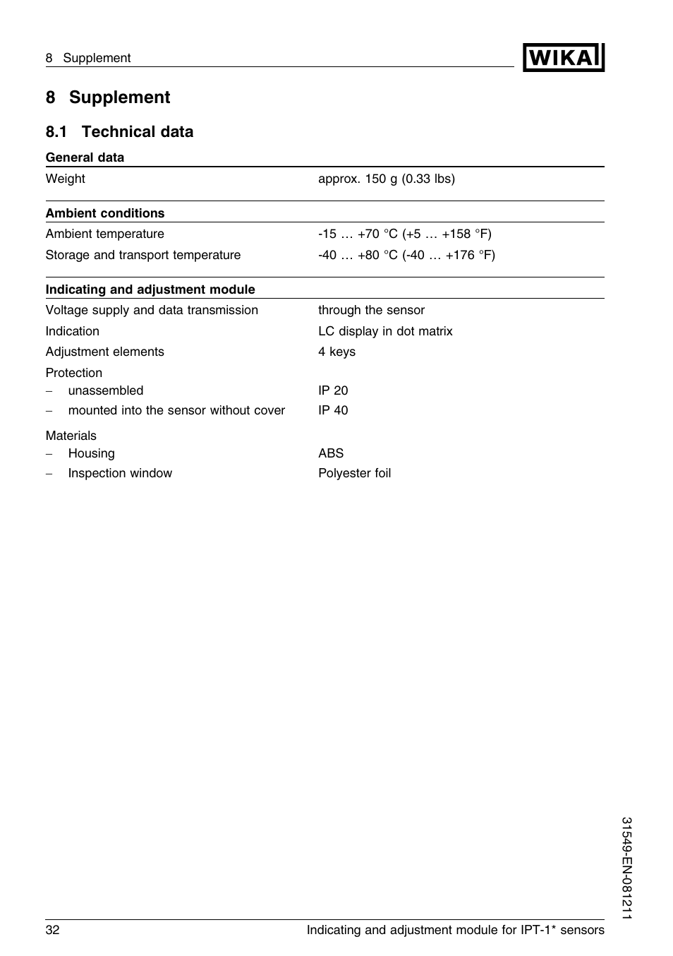 8 supplement, 1 technical data, 8supplement | WIKA IPT-11 User Manual | Page 32 / 36