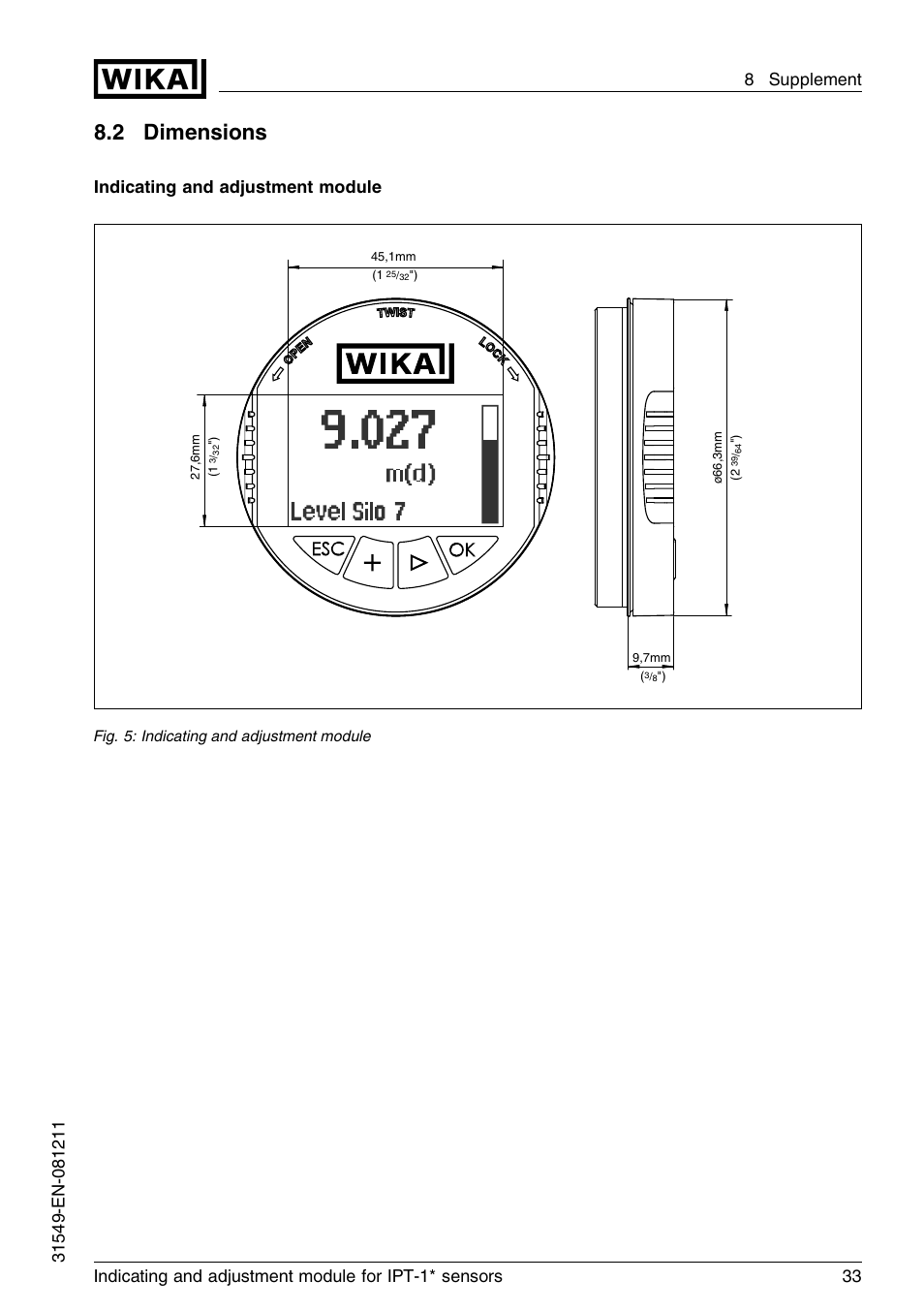 2 dimensions, Indicating and adjustment module | WIKA IPT-11 User Manual | Page 33 / 36