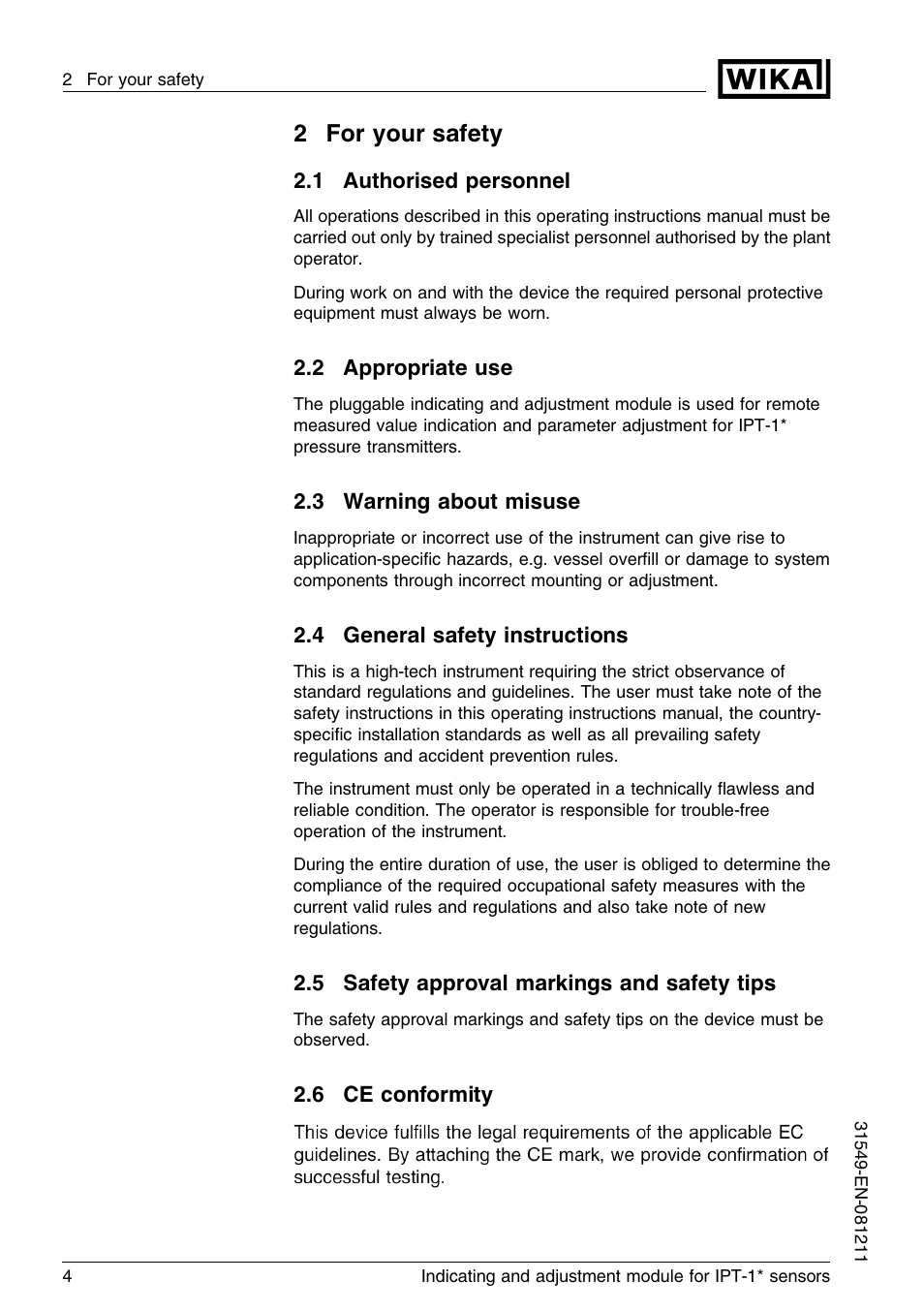 2 for your safety, 1 authorised personnel, 2 appropriate use | 3 warning about misuse, 4 general safety instructions, 5 safety approval markings and safety tips, 6 ce conformity, 2for your safety | WIKA IPT-11 User Manual | Page 4 / 36