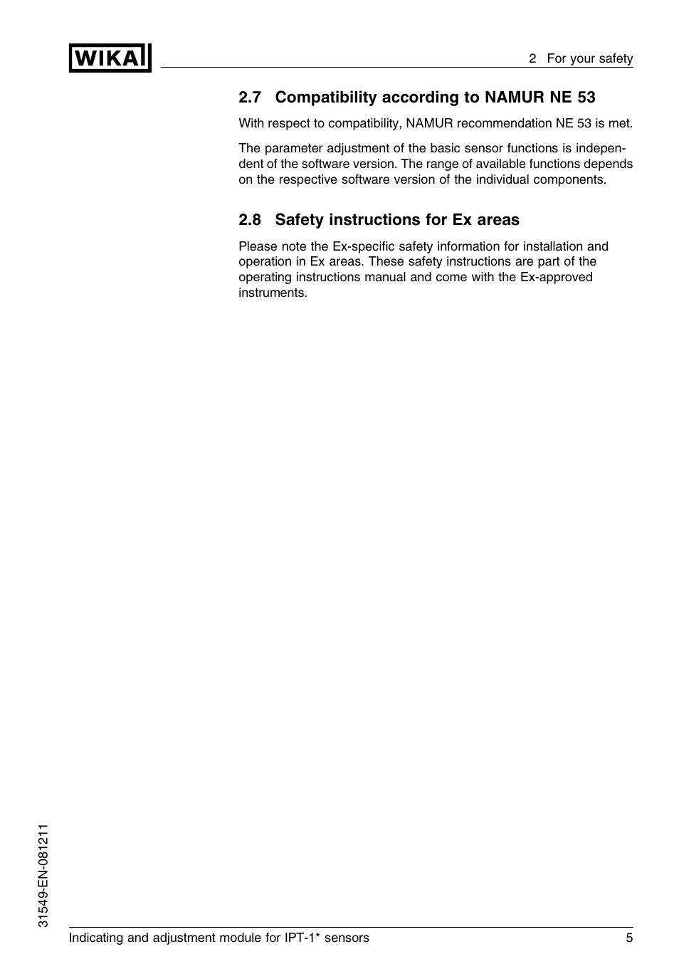7 compatibility according to namur ne 53, 8 safety instructions for ex areas | WIKA IPT-11 User Manual | Page 5 / 36