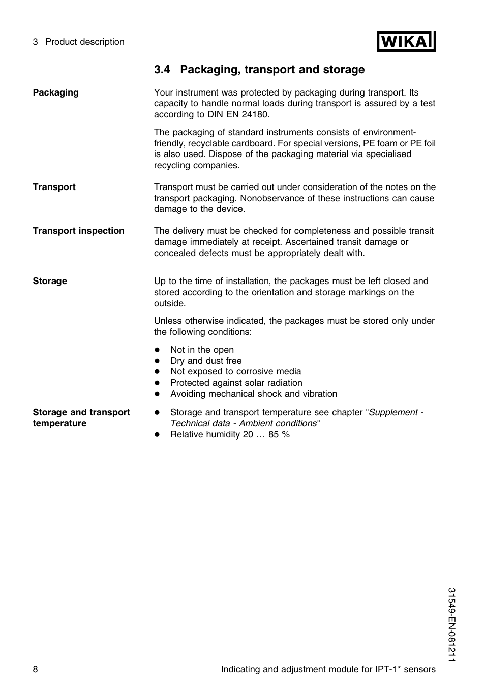 4 packaging, transport and storage | WIKA IPT-11 User Manual | Page 8 / 36
