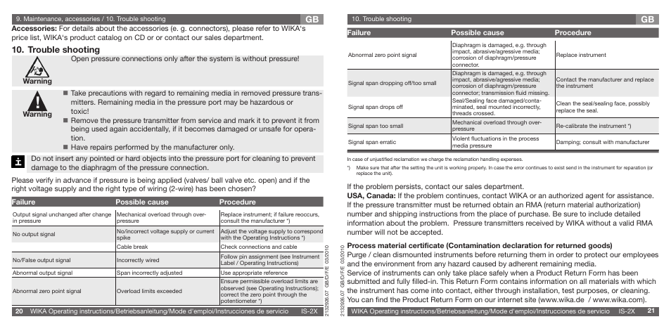 Trouble shooting | WIKA IS-21-F User Manual | Page 11 / 43