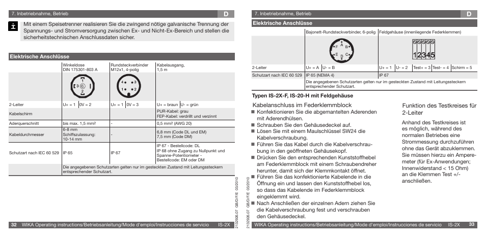 Kabelanschluss im federklemmblock, Funktion des testkreises für 2-leiter | WIKA IS-21-F User Manual | Page 17 / 43