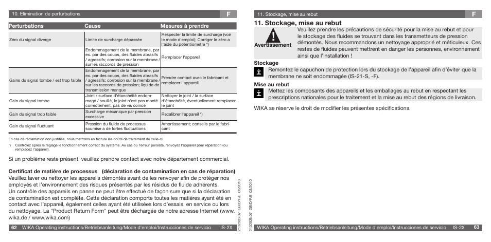 F11. stockage, mise au rebut | WIKA IS-21-F User Manual | Page 32 / 43