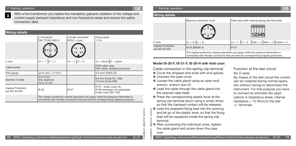 Function of the test circuit for 2-wire, Cable connection in the spring clip terminal | WIKA IS-21-F User Manual | Page 7 / 43
