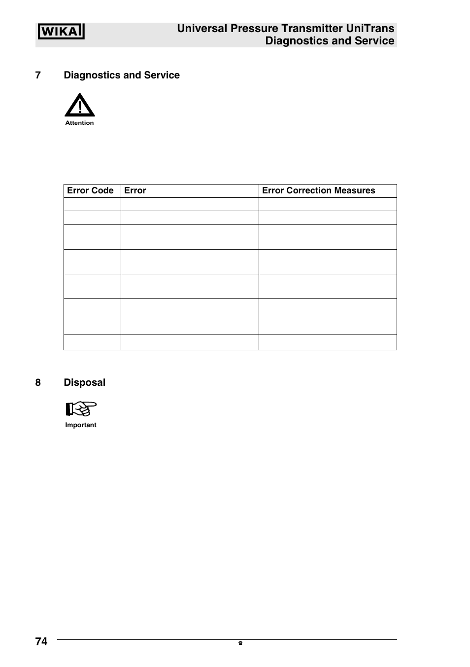 7diagnostics and service, 8disposal | WIKA UT-11 User Manual | Page 35 / 42
