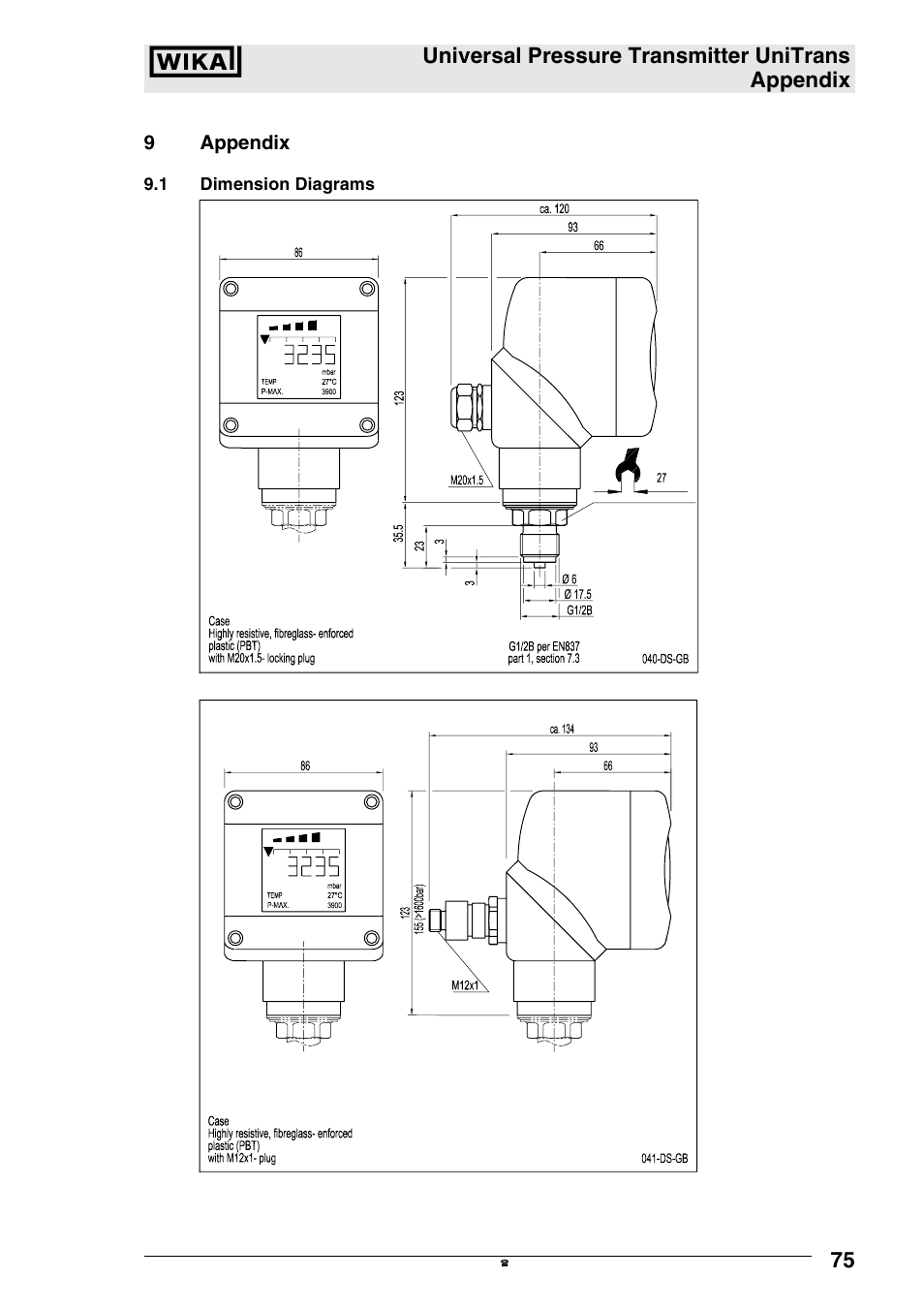 Universal pressure transmitter unitrans appendix, 9appendix, 1 dimension diagrams | WIKA UT-11 User Manual | Page 36 / 42