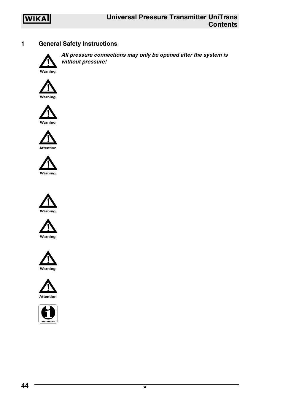 Universal pressure transmitter unitrans contents, 1general safety instructions | WIKA UT-11 User Manual | Page 5 / 42