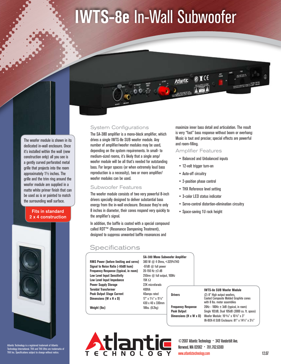 Iwts-8e in-wall subwoofer, Specifications, System configurations | Subwoofer features, Amplifier features | Atlantic Technology IWTS-8e User Manual | Page 2 / 2