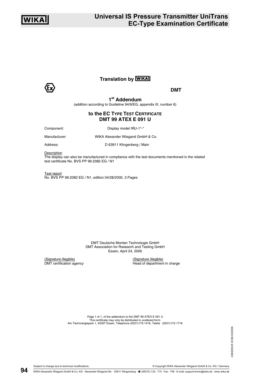 Translation by, Dmt 1, Addendum | Ec t | WIKA IUT-11 User Manual | Page 19 / 78