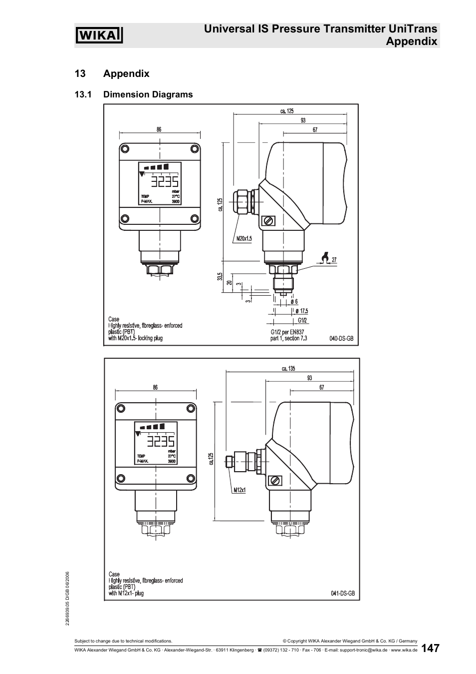 13 appendix, 1 dimension diagrams | WIKA IUT-11 User Manual | Page 72 / 78