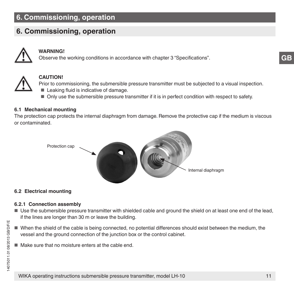 Gb 6. commissioning, operation, Commissioning, operation | WIKA LH-10 User Manual | Page 11 / 60