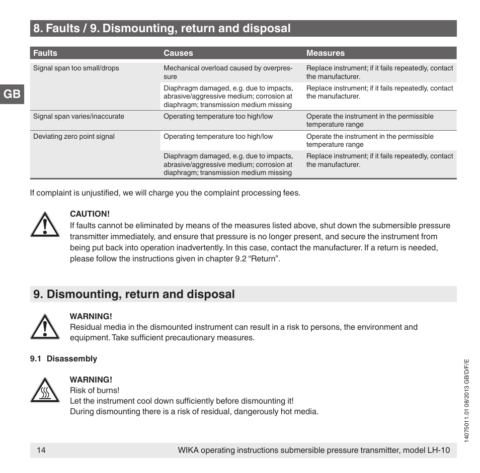 Dismounting, return and disposal, Faults / 9. dismounting, return and disposal | WIKA LH-10 User Manual | Page 14 / 60