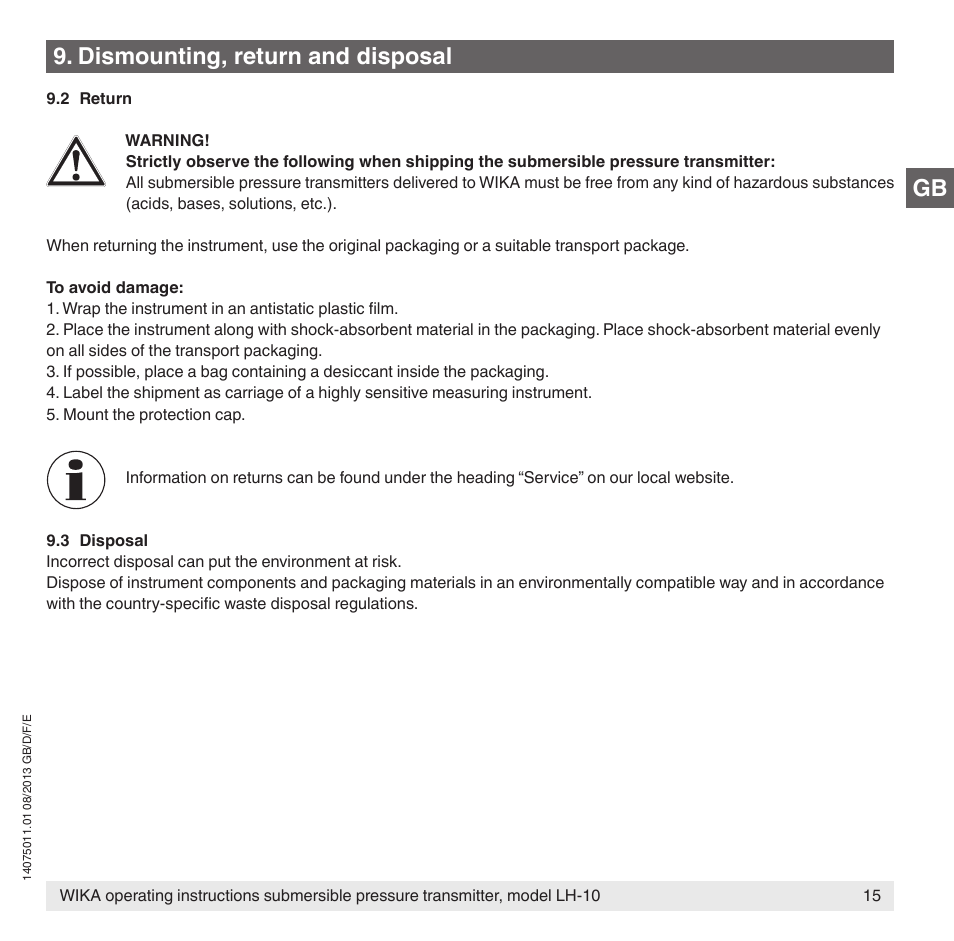 Dismounting, return and disposal | WIKA LH-10 User Manual | Page 15 / 60