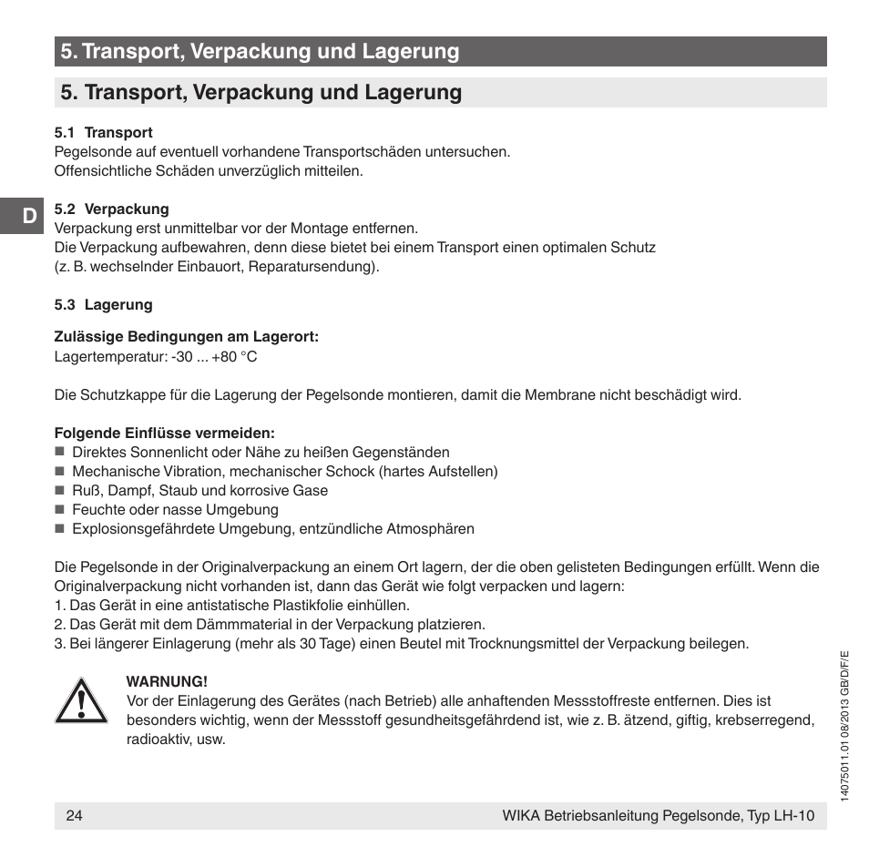 Transport, verpackung und lagerung | WIKA LH-10 User Manual | Page 24 / 60