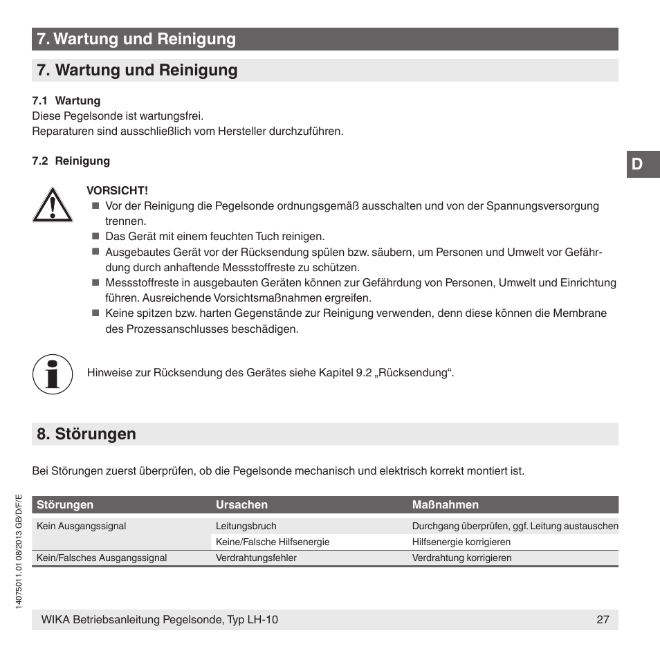 Wartung und reinigung, Störungen | WIKA LH-10 User Manual | Page 27 / 60