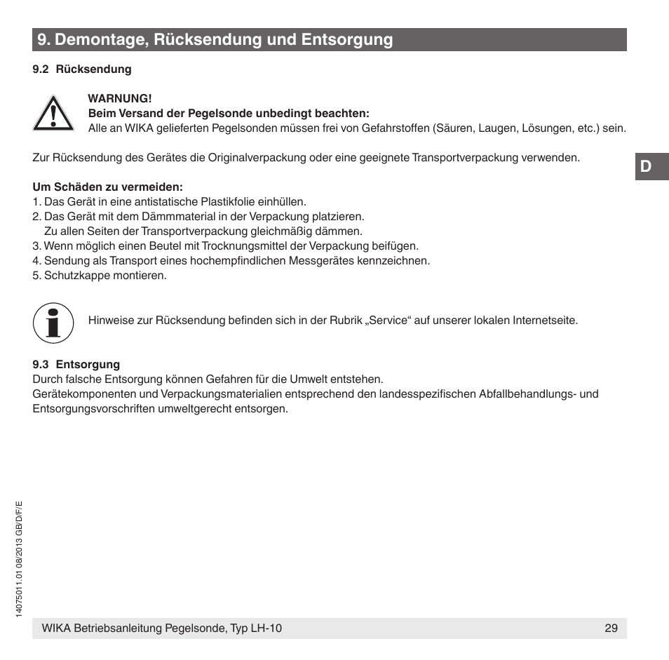 Demontage, rücksendung und entsorgung | WIKA LH-10 User Manual | Page 29 / 60