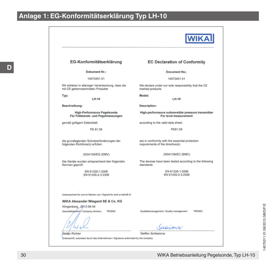 Anlage 1: eg-konformitätserklärung typ lh-10 | WIKA LH-10 User Manual | Page 30 / 60