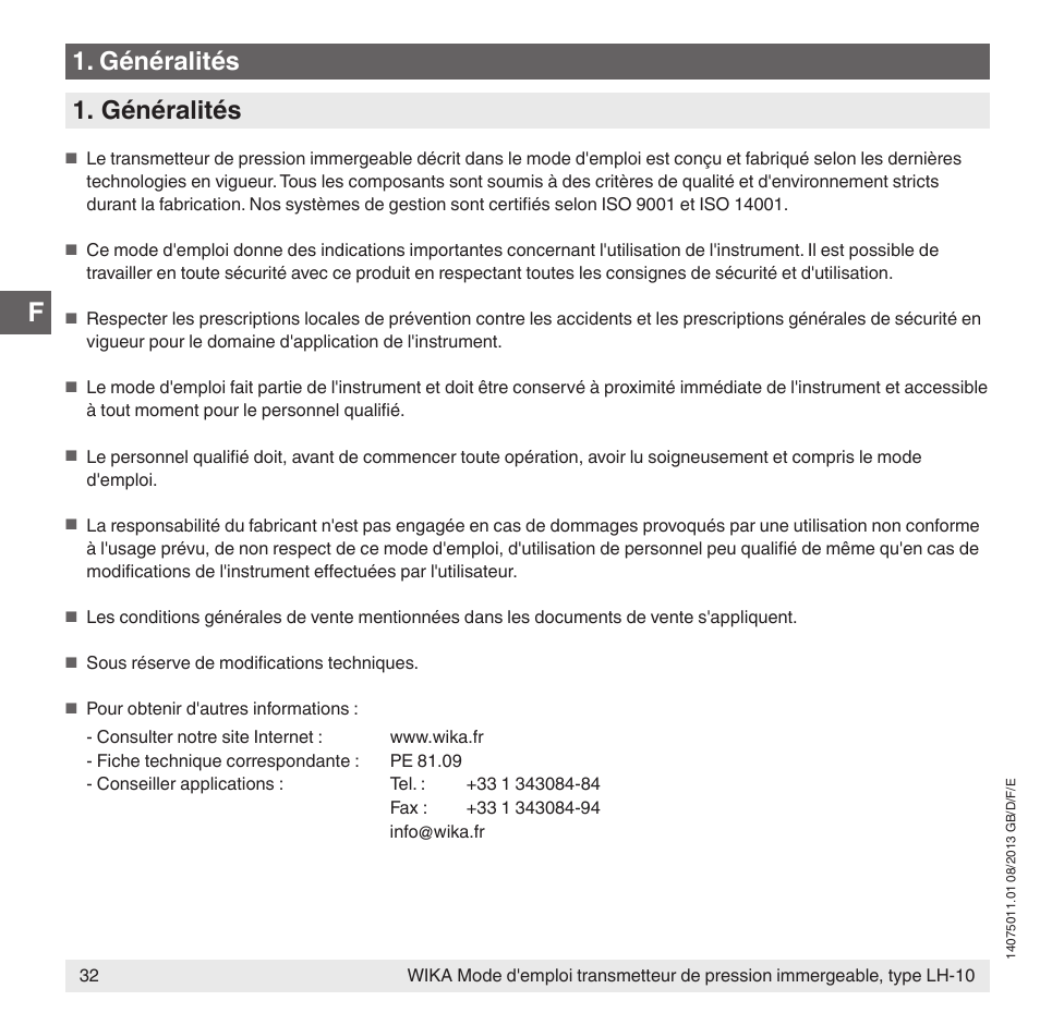 Généralités | WIKA LH-10 User Manual | Page 32 / 60