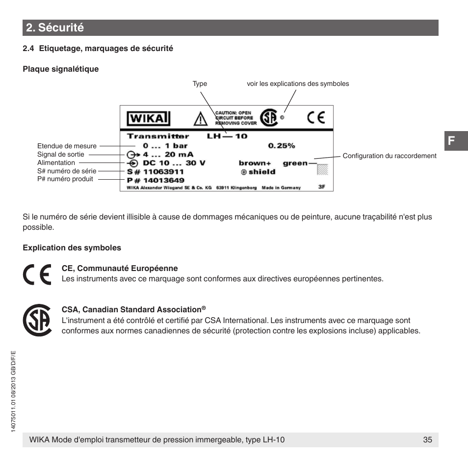 Sécurité | WIKA LH-10 User Manual | Page 35 / 60