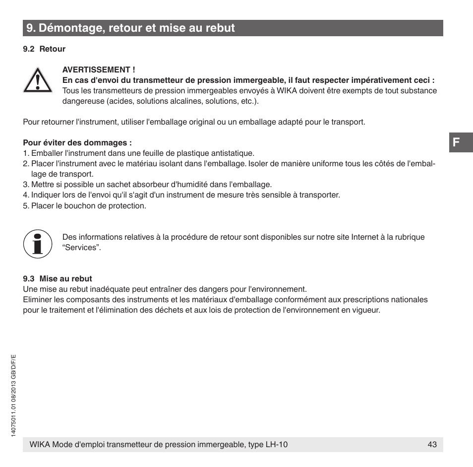 Démontage, retour et mise au rebut | WIKA LH-10 User Manual | Page 43 / 60