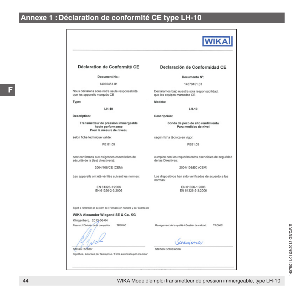 Annexe 1 : déclaration de conformité ce type lh-10 | WIKA LH-10 User Manual | Page 44 / 60