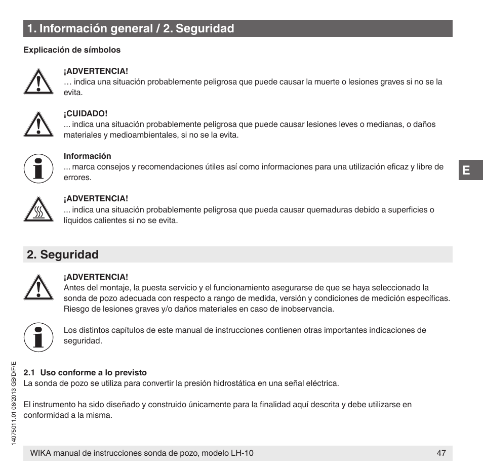 Seguridad, Información general / 2. seguridad | WIKA LH-10 User Manual | Page 47 / 60