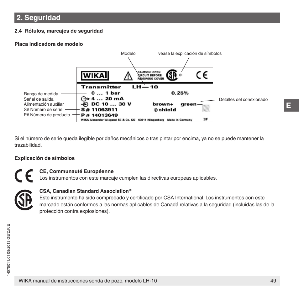 Seguridad | WIKA LH-10 User Manual | Page 49 / 60