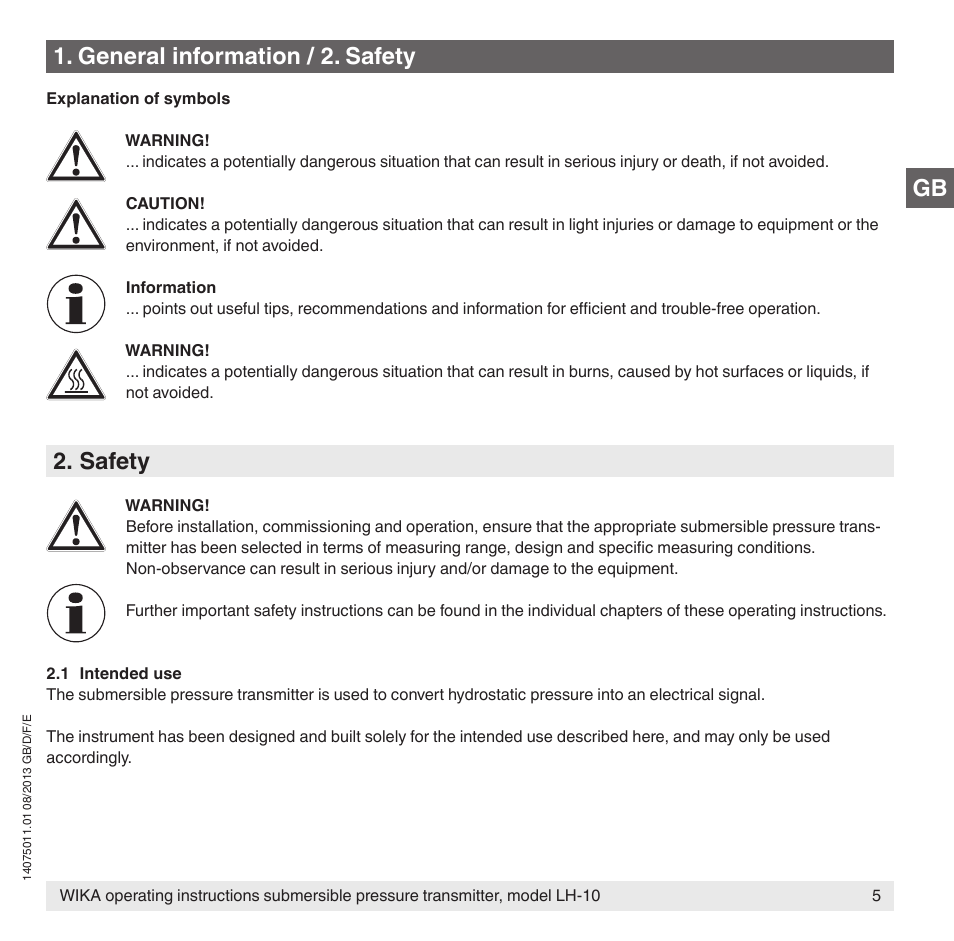 Safety, General information / 2. safety | WIKA LH-10 User Manual | Page 5 / 60