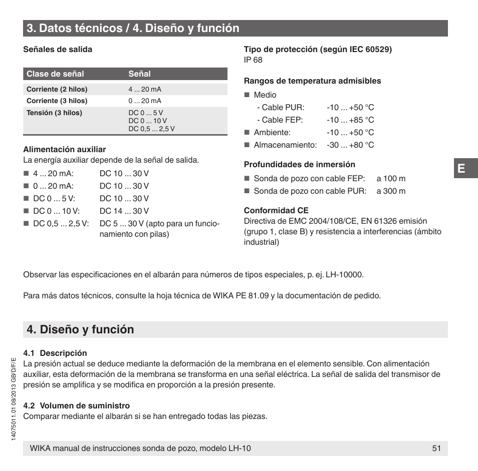 Diseño y función, Datos técnicos / 4. diseño y función | WIKA LH-10 User Manual | Page 51 / 60