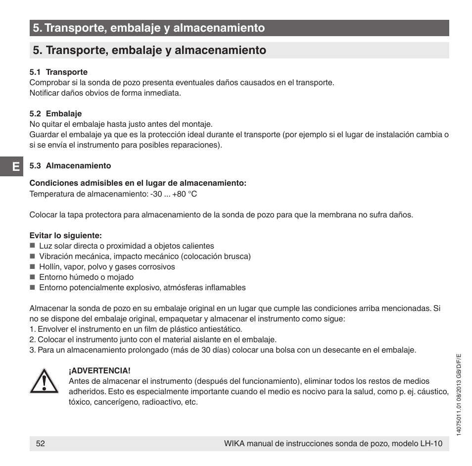 Transporte, embalaje y almacenamiento | WIKA LH-10 User Manual | Page 52 / 60