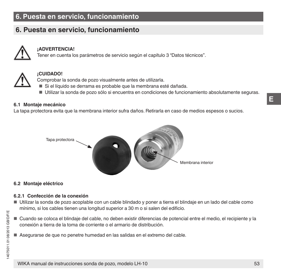 Puesta en servicio, funcionamiento | WIKA LH-10 User Manual | Page 53 / 60