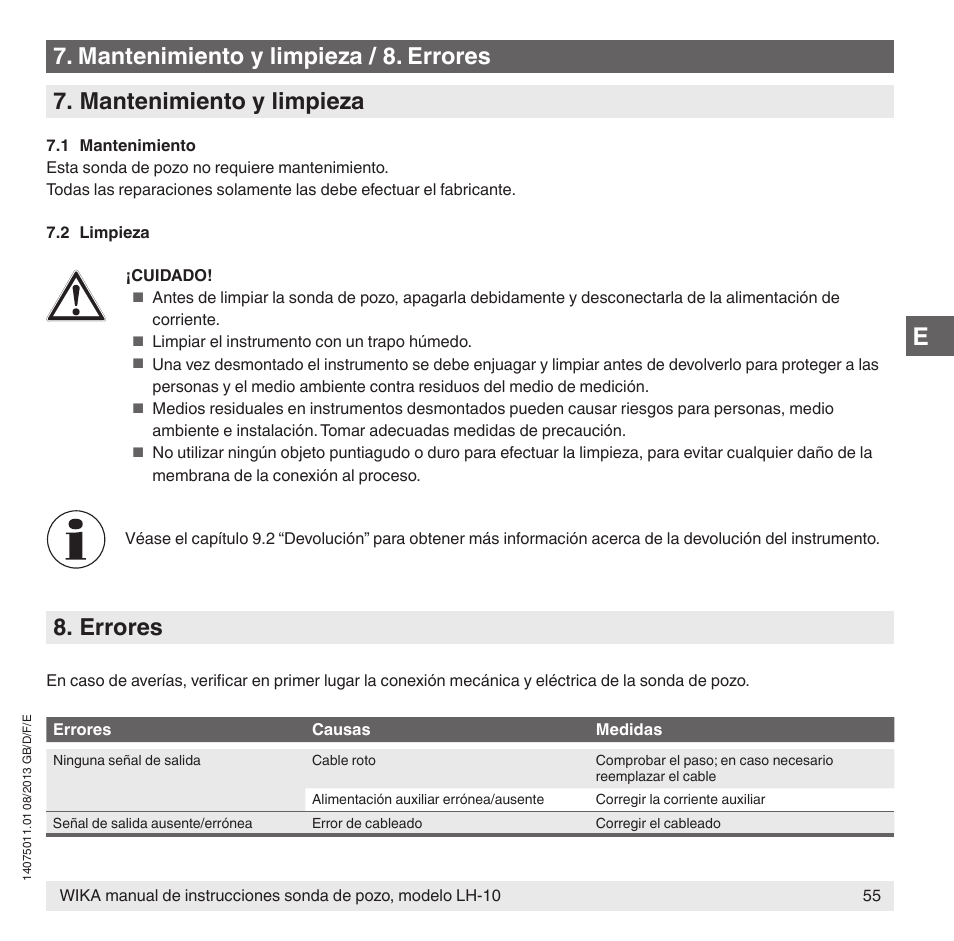 Mantenimiento y limpieza, Errores, Mantenimiento y limpieza / 8. errores | WIKA LH-10 User Manual | Page 55 / 60