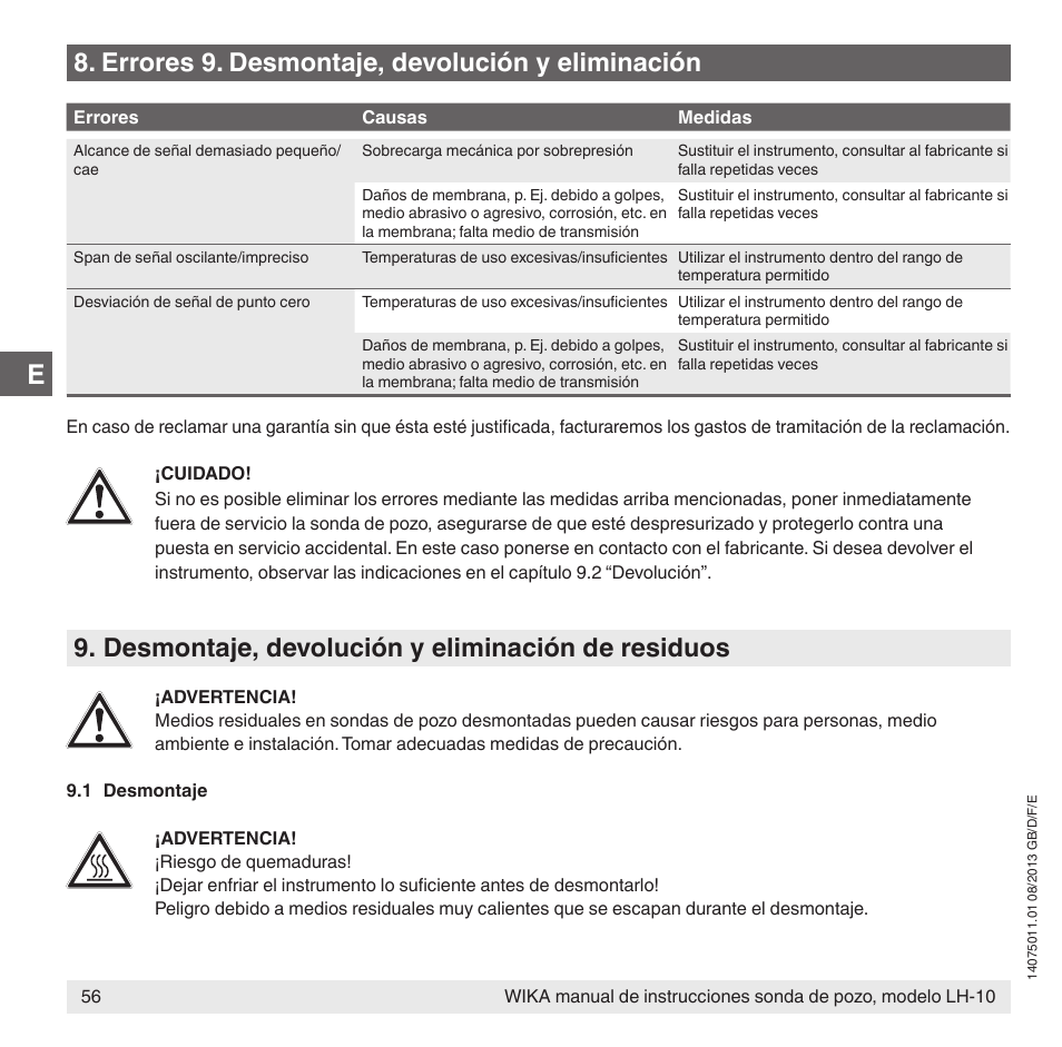 Desmontaje, devolución y eliminación de residuos, Errores 9. desmontaje, devolución y eliminación | WIKA LH-10 User Manual | Page 56 / 60