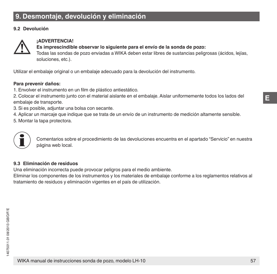 Desmontaje, devolución y eliminación | WIKA LH-10 User Manual | Page 57 / 60