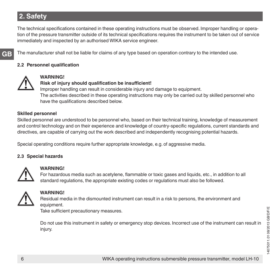 Safety | WIKA LH-10 User Manual | Page 6 / 60