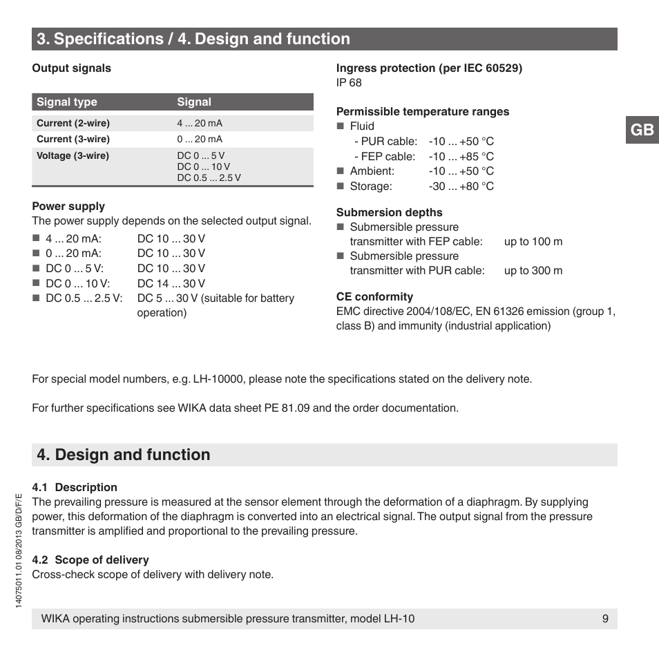 Design and function, Specifications / 4. design and function | WIKA LH-10 User Manual | Page 9 / 60