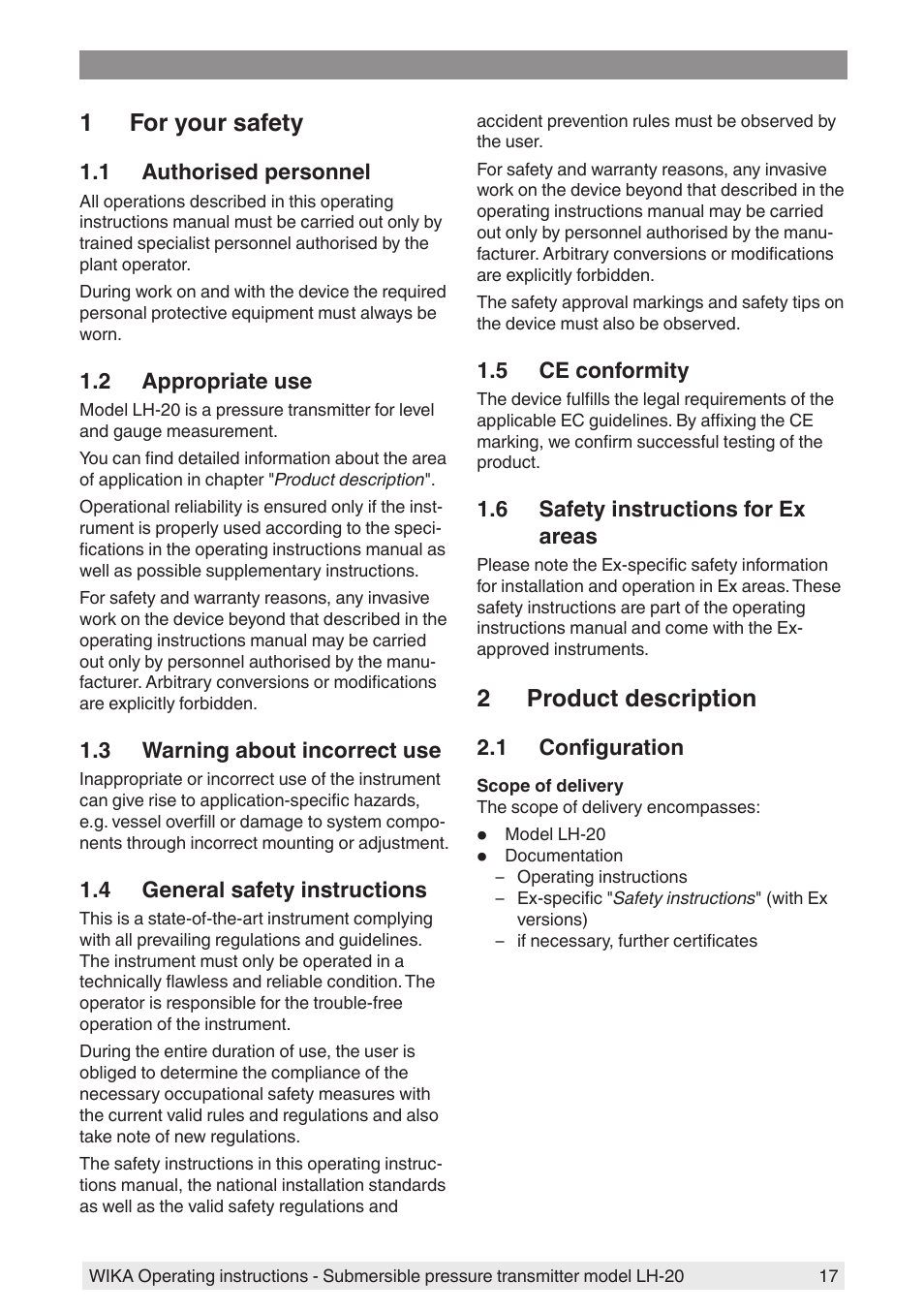 1 for your safety, 1 authorised personnel, 2 appropriate use | 3 warning about incorrect use, 4 general safety instructions, 5 ce conformity, 6 safety instructions for ex areas, 2 product description, 1 configuration | WIKA LH-20 User Manual | Page 17 / 60